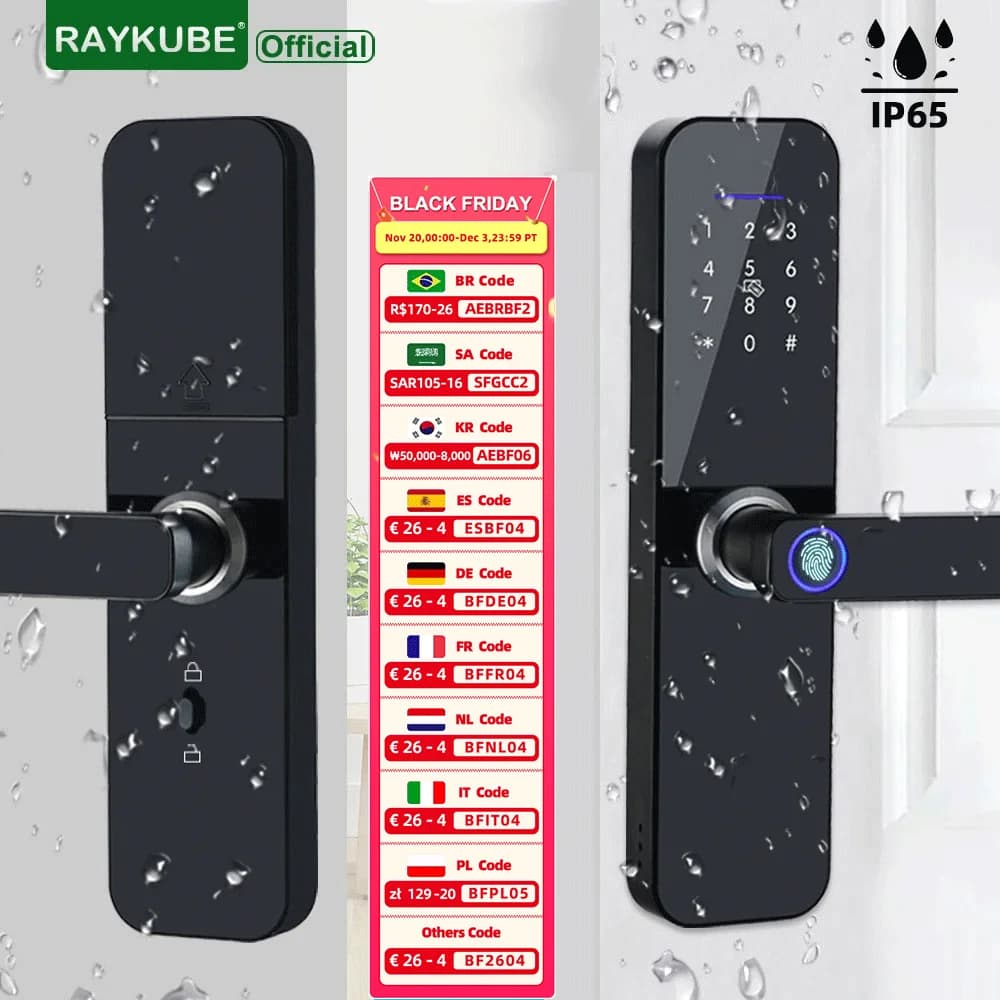 RAYKUBE F005 IP65 Impermeabile Tuya Wifi Serratura elettronica intelligente con impronta digitale/Smart Card/Password/chiave/TT Lock APP Sblocco