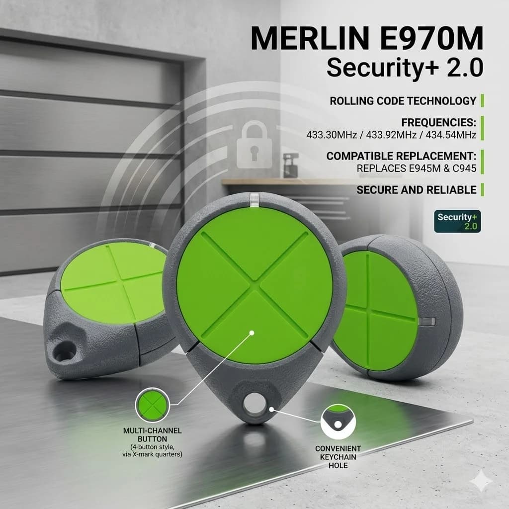 Telecomando per Porta del Garage Merlin E970M Security+ 2.0 con Codice Rolling, Sostituisce E945M e C945 per Apriporta Automatici
