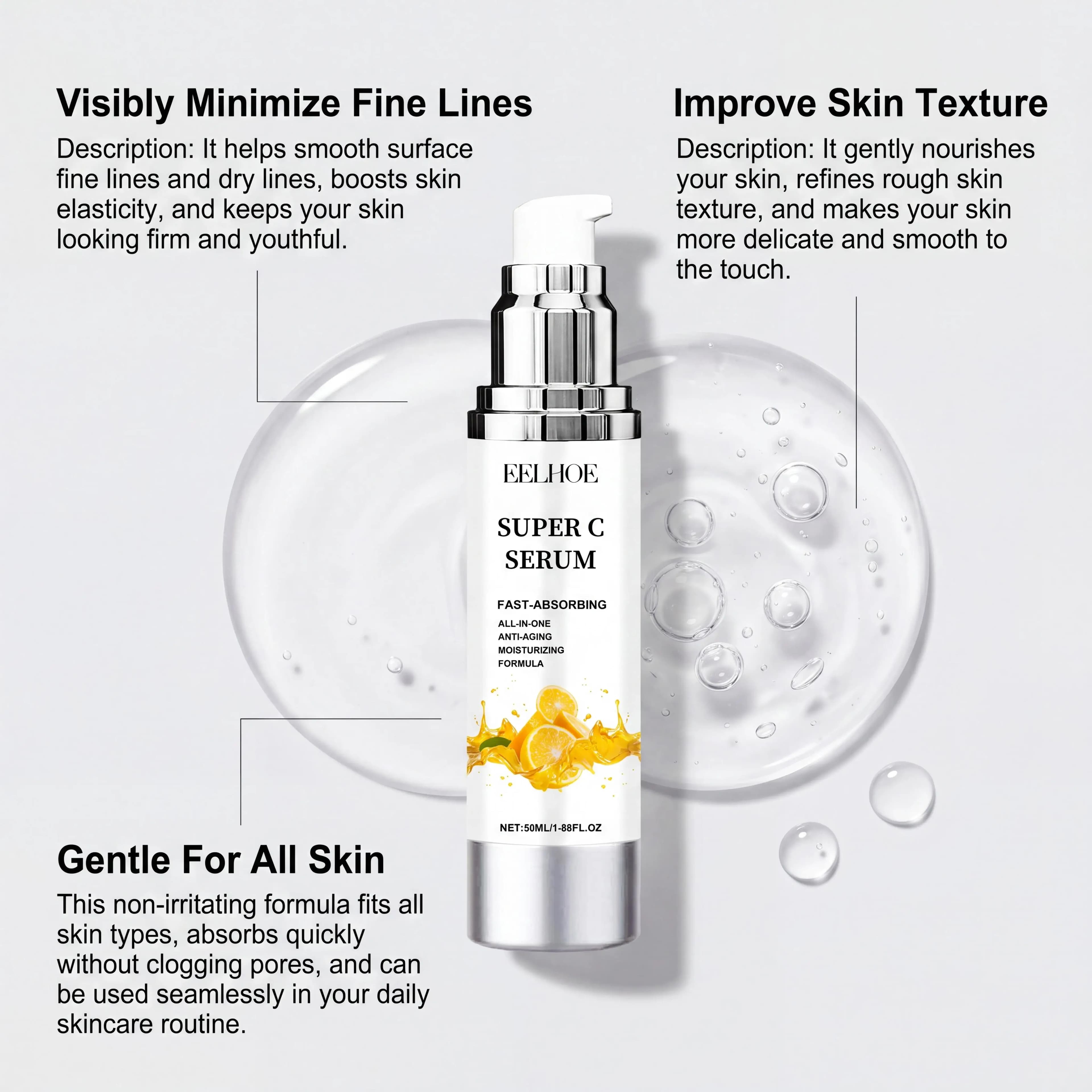 Eelhoe Vitamin C Facial Essence Skin Brighten Deep Moisturizing Soothing Anti-Aging Spots Pore Shrinking Nourish Daily Skin Care