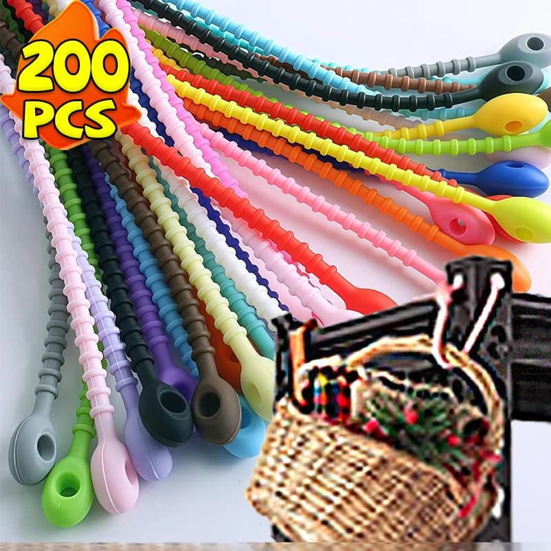 10/100 Pezzi Fascette in Silicone Riutilizzabili per Gestione Cavi, Portachiavi, Corde, Legacci Multiuso per Casa, Cucina, Ufficio