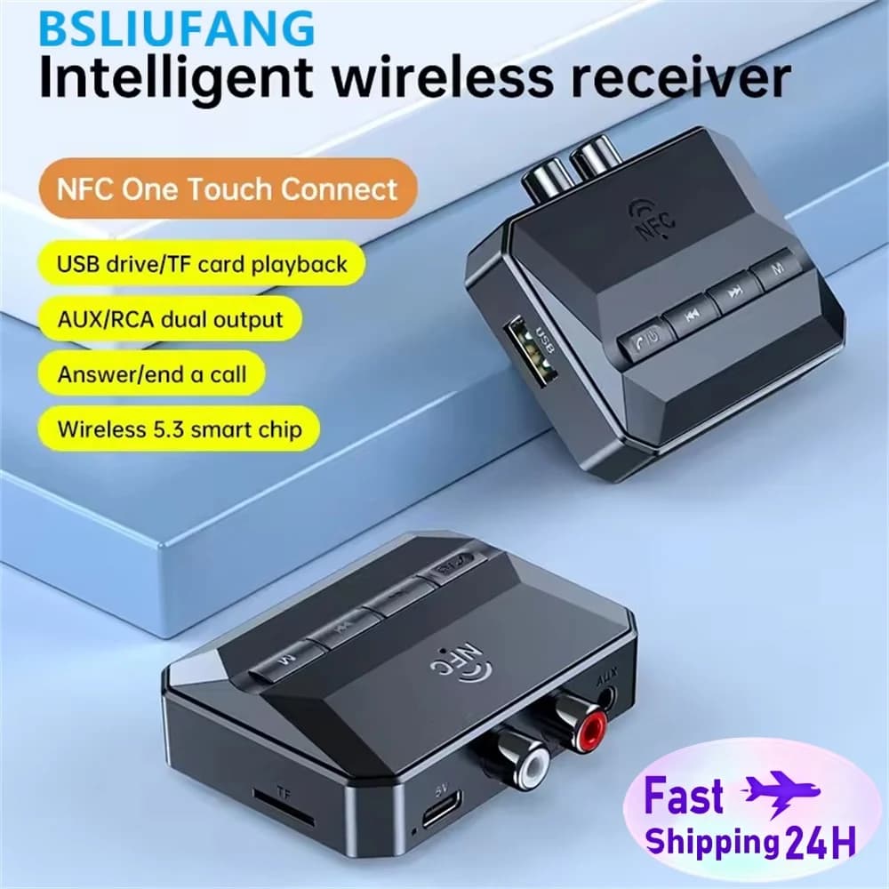 Ricevitore audio Bluetooth NFC RCA 3,5 mm AUX USB Adattatore wireless con supporto MIC per riproduzione di schede U-Disk/TF per kit auto e altoparlanti