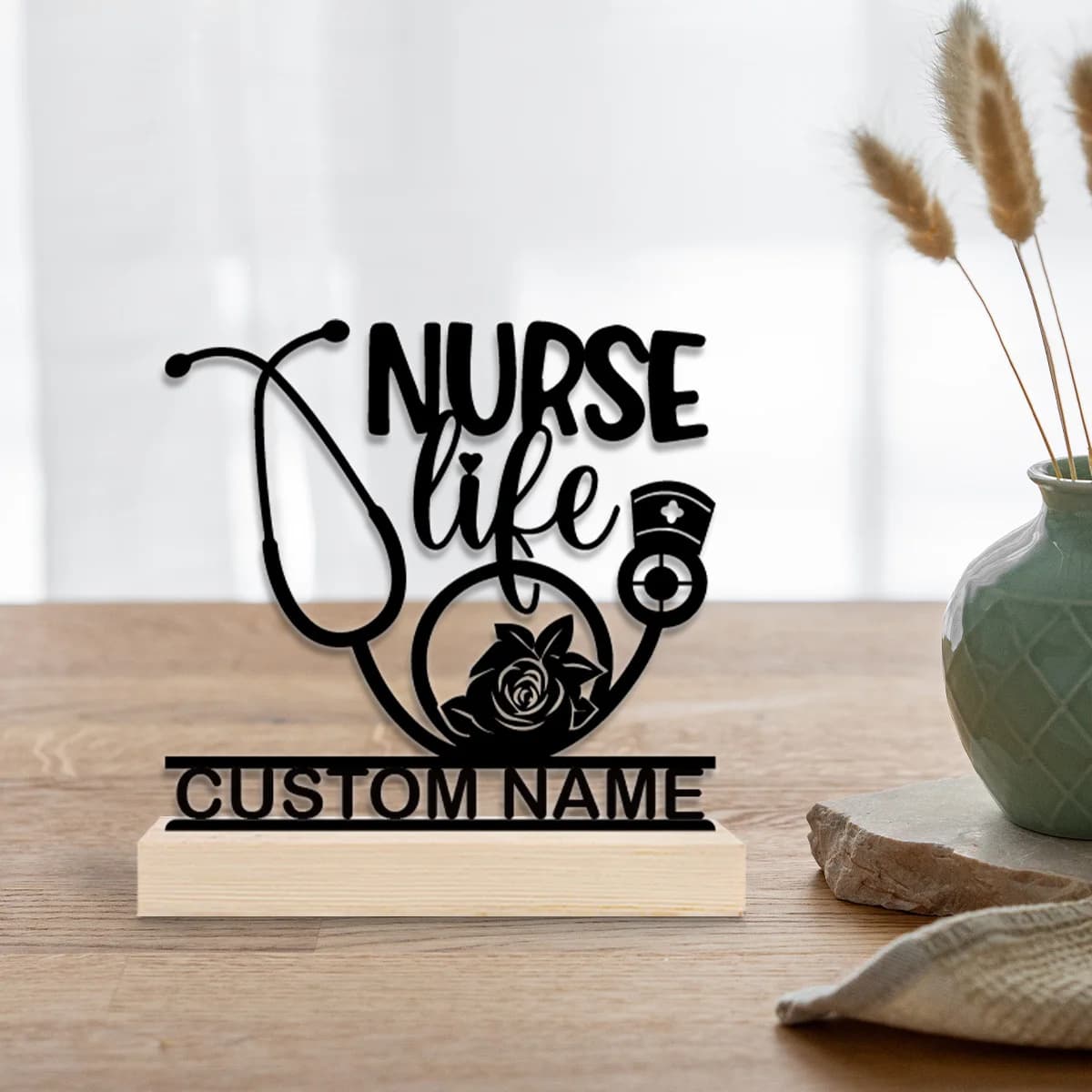 Decorazione da Scrivania in Metallo Personalizzata per Infermieri con Nome e Base in Legno, Regalo per Personale Medico, Decorazioni per Casa/Ufficio/Clinica/Camera da Letto