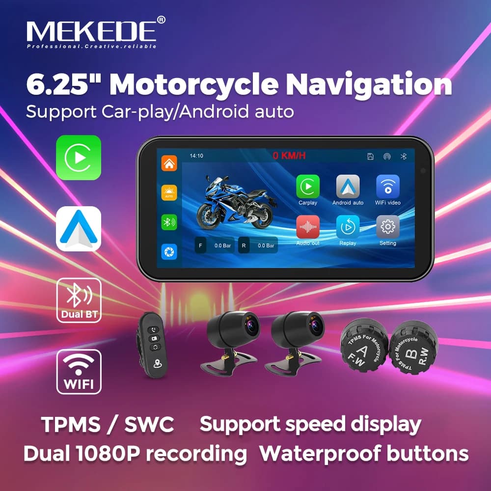 MEKEDE 6.25 "Supporto navigazione moto riproduzione auto Android cuto Car-piay Android auto Doppi canali BT IP67 Impermeabile TPMS SWC
