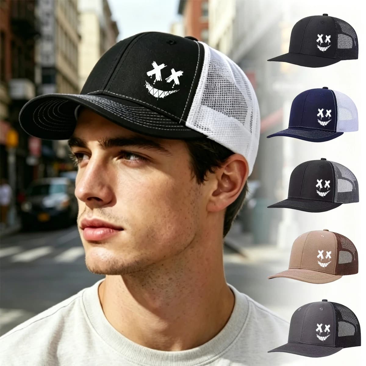 1PC street mounted truck hat with Creepy Smile XX Eyes pattern print, breathable, suitable for casual and outdoor wear