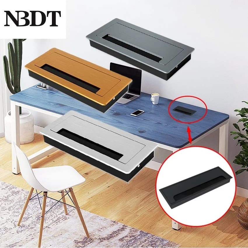 1Pc Rectangular Aluminum Desk Wire Hole Cover Soft Close Cord Management Box Brush Seal Grommet Gold Black Silver Grey
