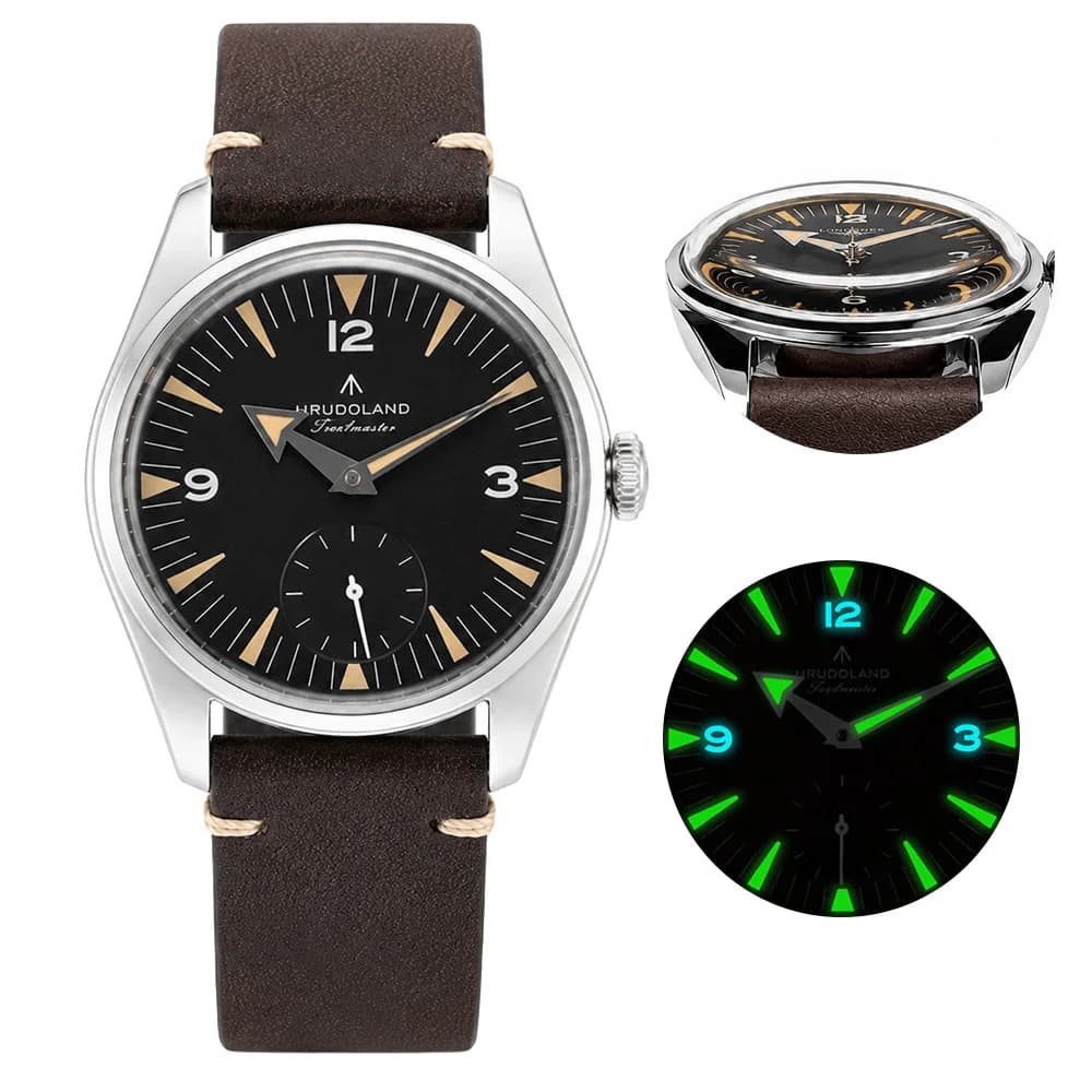HRUODLAND 36mm Retro Field Watch 316L Steel Bubble Crystal Dual Luminous VD78 Quartz Veg Leather 50M Waterproof Men Watch