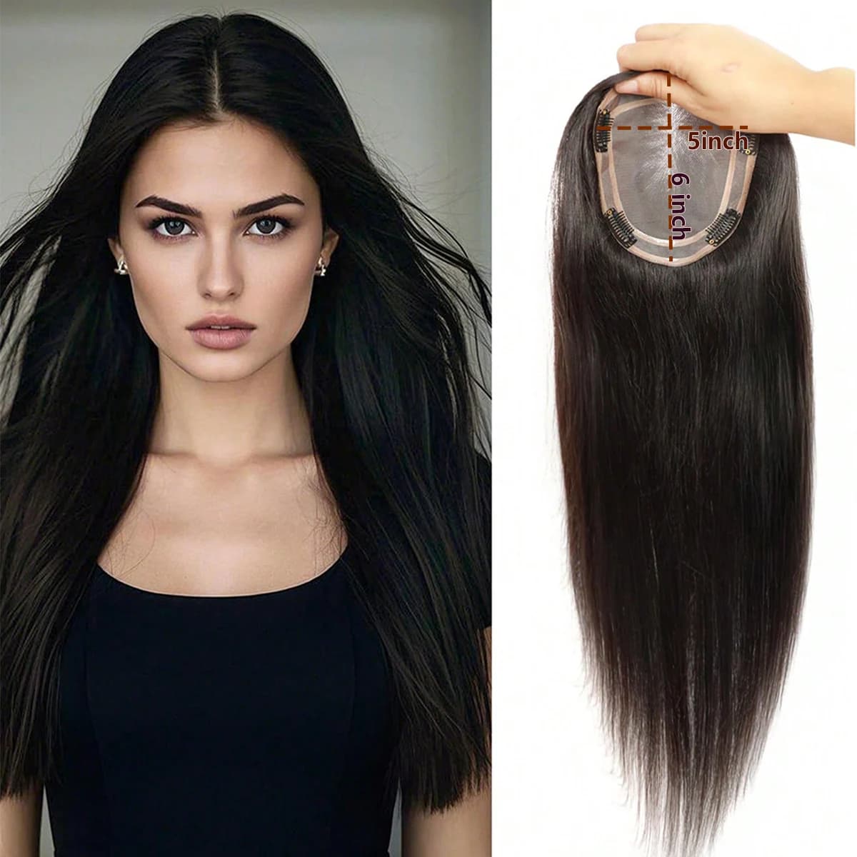 Toppers per capelli umani veri al 100% per donne Clip in posticci Traspirante 5 "x 6" Base mono grande per coprire i capelli diradati in grigiastro