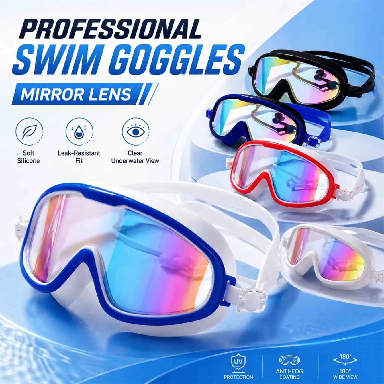 1PC UV Protection Swimming Goggles Anti Fog Mirror Lens Silicone Seal Leakproof Swim Glasses for Pool Training