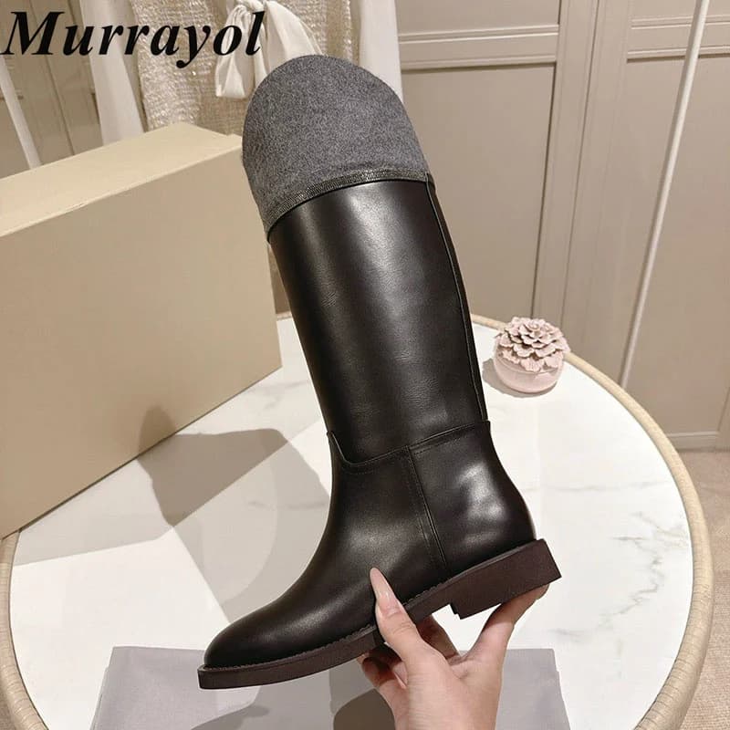 Long Booties Women Genuine Leather Round Toe Patchwork Flat Thick Bottom Knee-High Boots Ladies Autumn Winter Vacation Shoes
