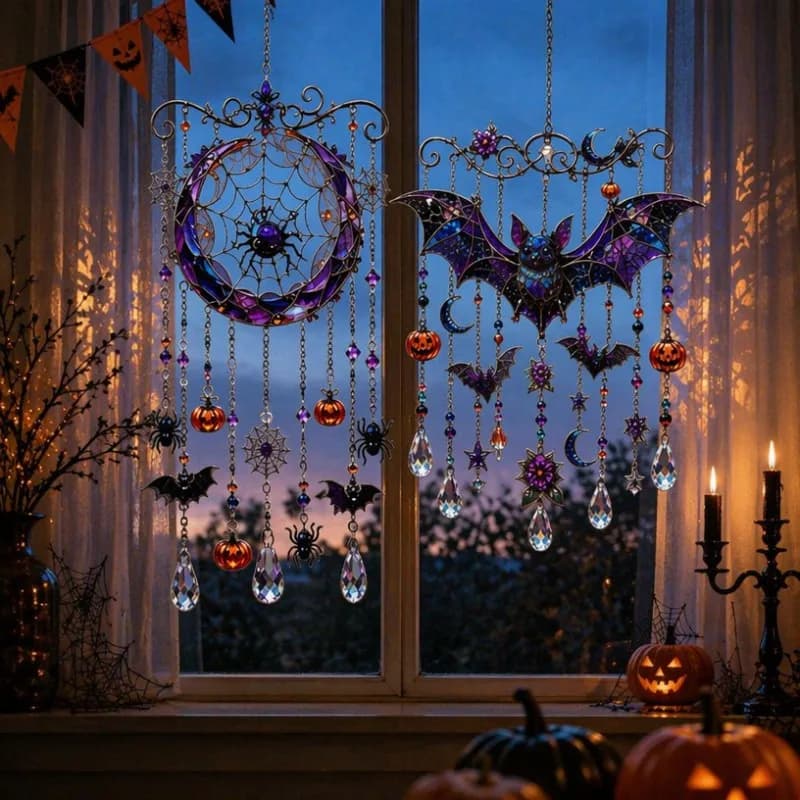 Halloween Crystal Wind Chime and Bat/Spider Suncatcher Outdoor Hanging Decoration for Gardens, Porches, Patios, and Car Interior