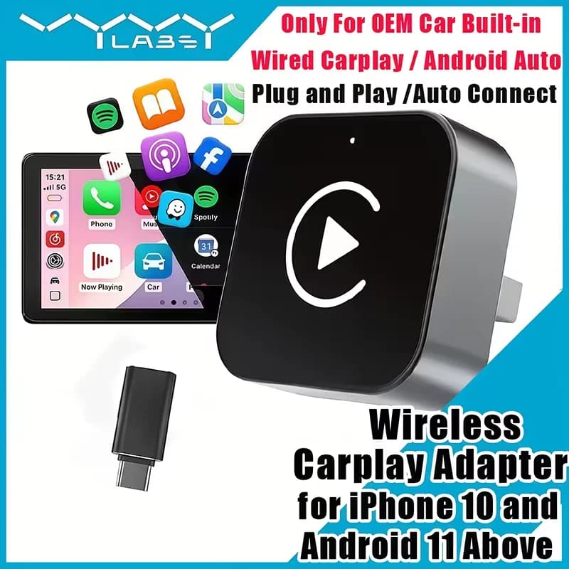 2-in-1 Wireless CarPlay Adapter Plug-and-Play for iPhone 6 and Android 11 above Auto Adapter with USB/USB-C Port Car Accessory