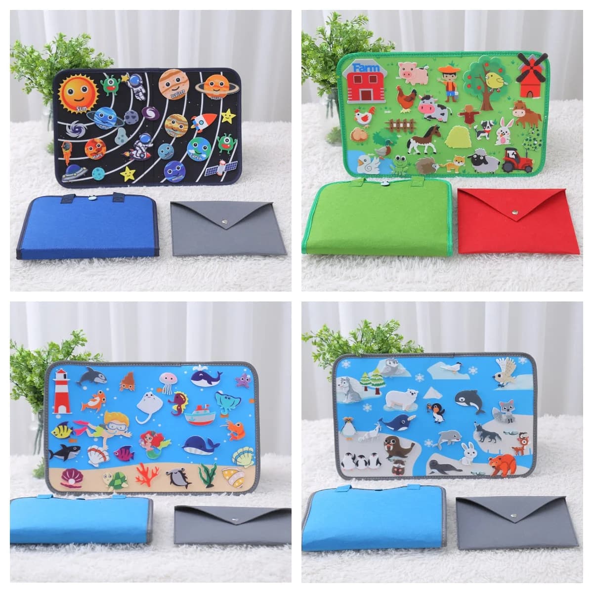 Giocattoli Montessori Set di tavole di fiabe in feltro Tema della fattoria dello spazio esterno Giocattoli per l'apprendimento precoce in età prescolare Kit di gioco interattivo per bambini