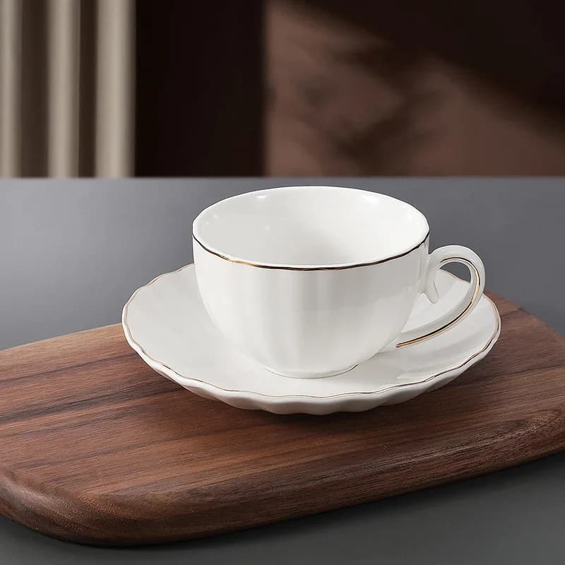 White Ceramic Gold Rimmed Coffee Cup And Saucer 180ml Latte Cup Delicate Afternoon Tea Drinkware Breakfast Cup Snack Plate