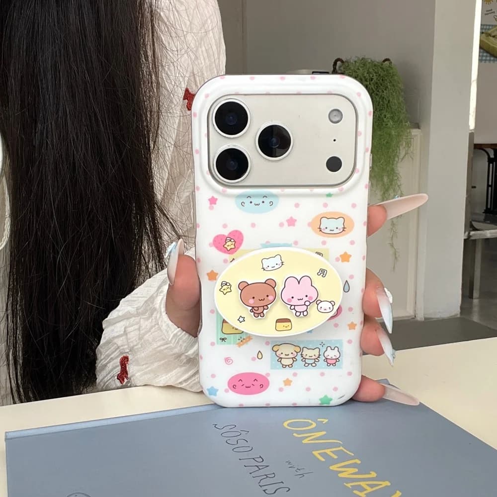 Korean INS Cute Cartoon Animal Phone Case for iPhone 17Pro 16 Max 15 16 17 Pro Max 15 Pro Kawaii Girl Shockproof Case with Stand