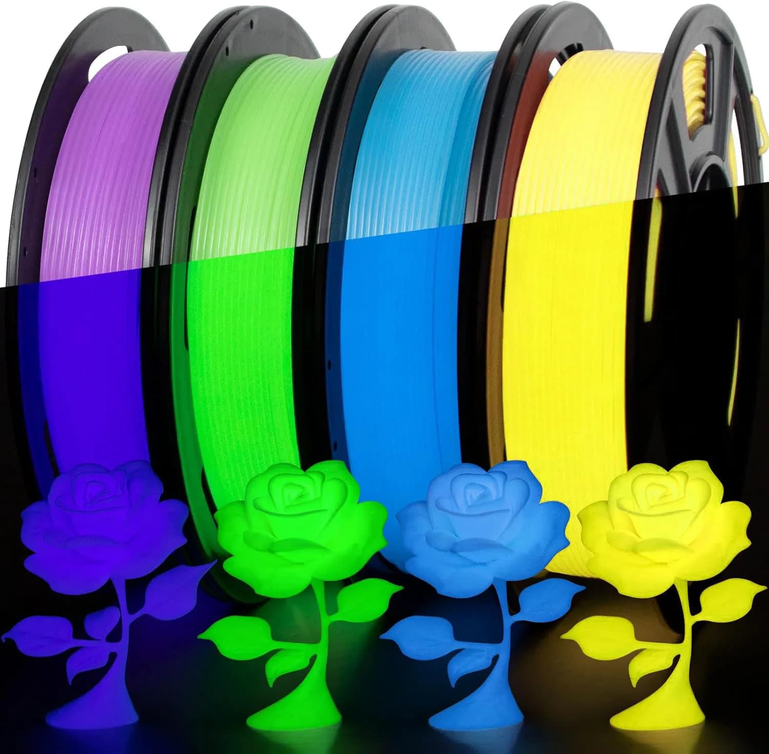 4-Pack TPU 95A 3D Printer Filament Assorted Colors Glow-in-The-Dark 1.75mm Diameter Blue Green Yellow Purple 250g Each