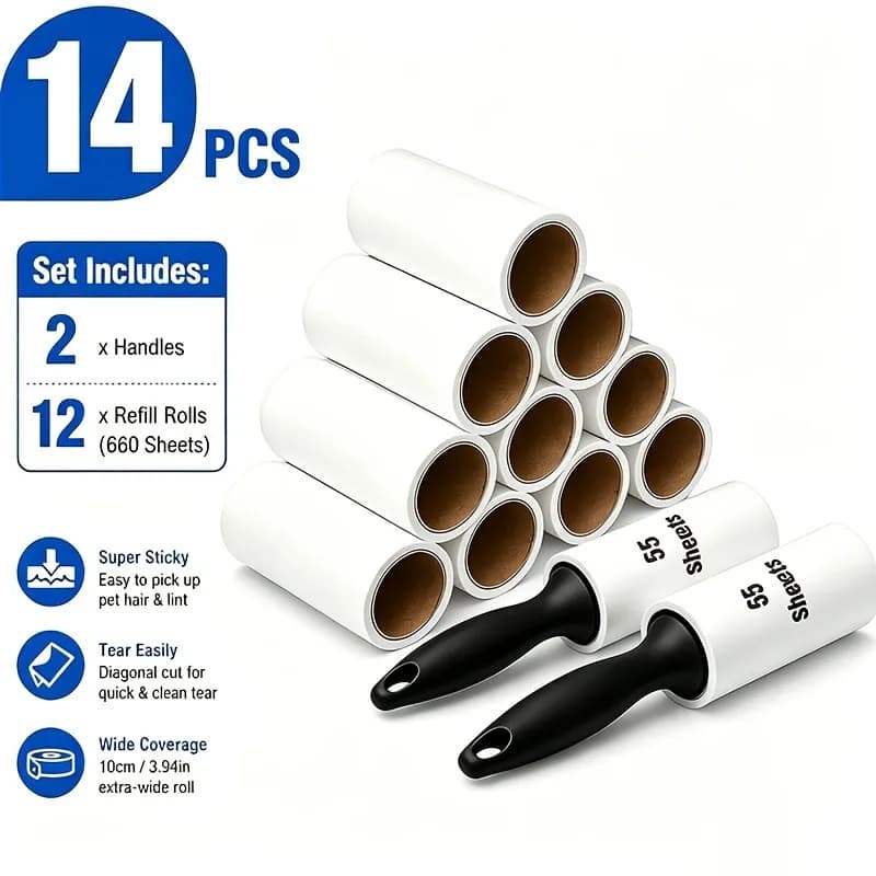 14pcs Pet Hair Lint Roller Set (660 Sheets, 2 Handles + 12 Refill Rolls) - Super Sticky Cat & Dog Fur Remover for Furniture, Clo