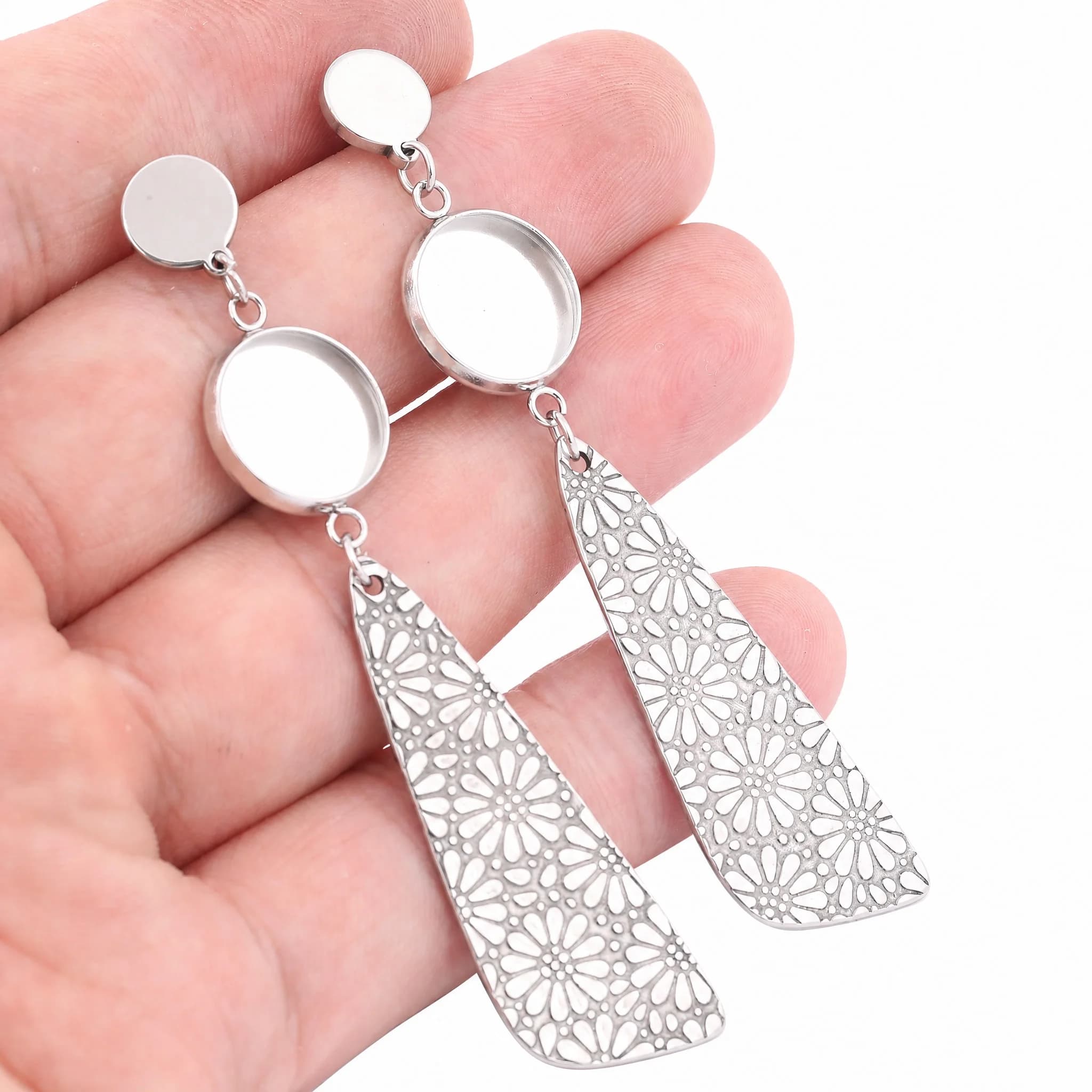 6 Pezzi Base per Orecchini in Acciaio Inossidabile per Cabochon da 12mm con Charm a Stampa Floreale, Componenti Fai da Te per Orecchini a Perno