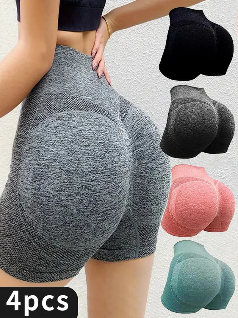 Women's high waist stretched sports shorts, 4 pack, ribbed yoga shorts for seating lifting, casual elastic gym leggings