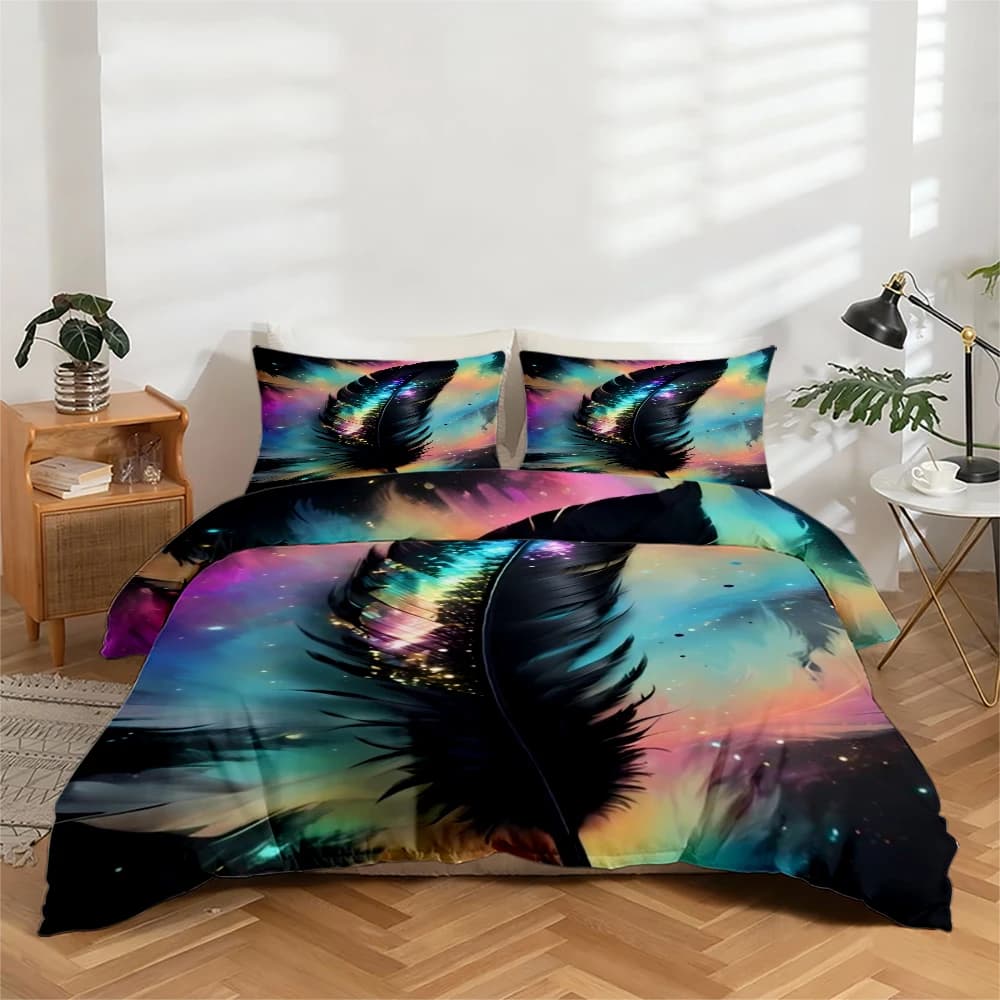 Set di biancheria da letto con stampa digitale ad alta definizione, set copripiumino con motivo a piume colorate, set copripiumino con stampa floreale di grandi dimensioni, include 1 copripiumino + 2 federe, adatto per camera da letto, stanza degli ospiti, decorazione domestica, set copripiumino + federa in fibra di poliestere, set tre pezzi, biancheria da letto ultra morbida, tessuto spesso, adatto a tutte le stagioni, lavabile in lavatrice, 3 pezzi