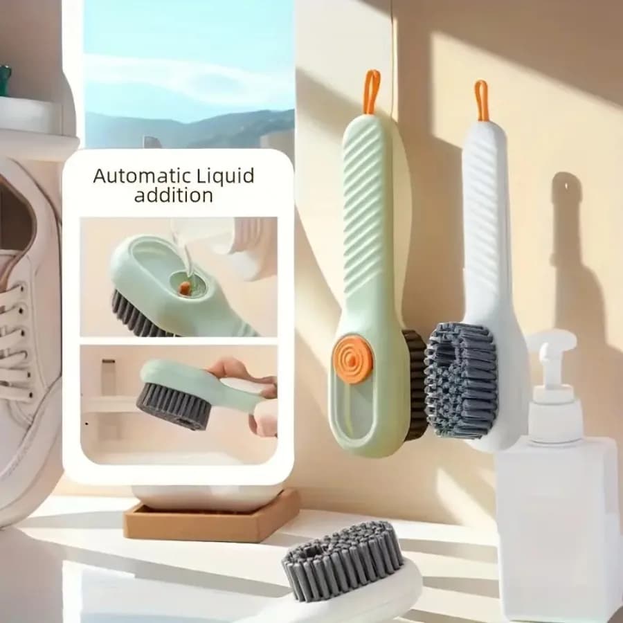 Spazzola per scarpe verde a setole morbide da 2 pezzi, multifunzionale, dispenser di sapone incorporato, perfetta per uso domestico, spazzola per la pulizia delle scarpe