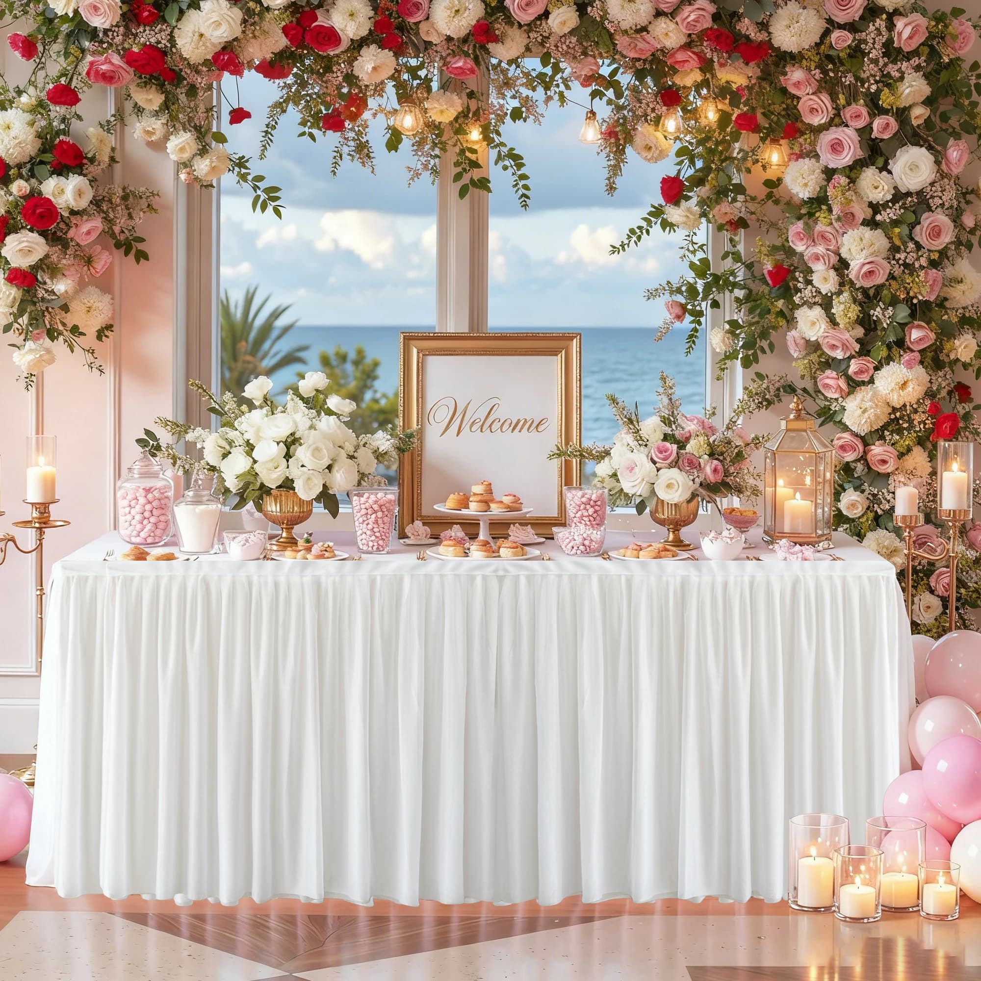 1 Piece, White Single-Sided Mesh Table Skirt 4/6/9ft Polyester Pleated Table Skirt, Suitable for Wedding Birthday Party Decoration (Tablecloth Not Included)