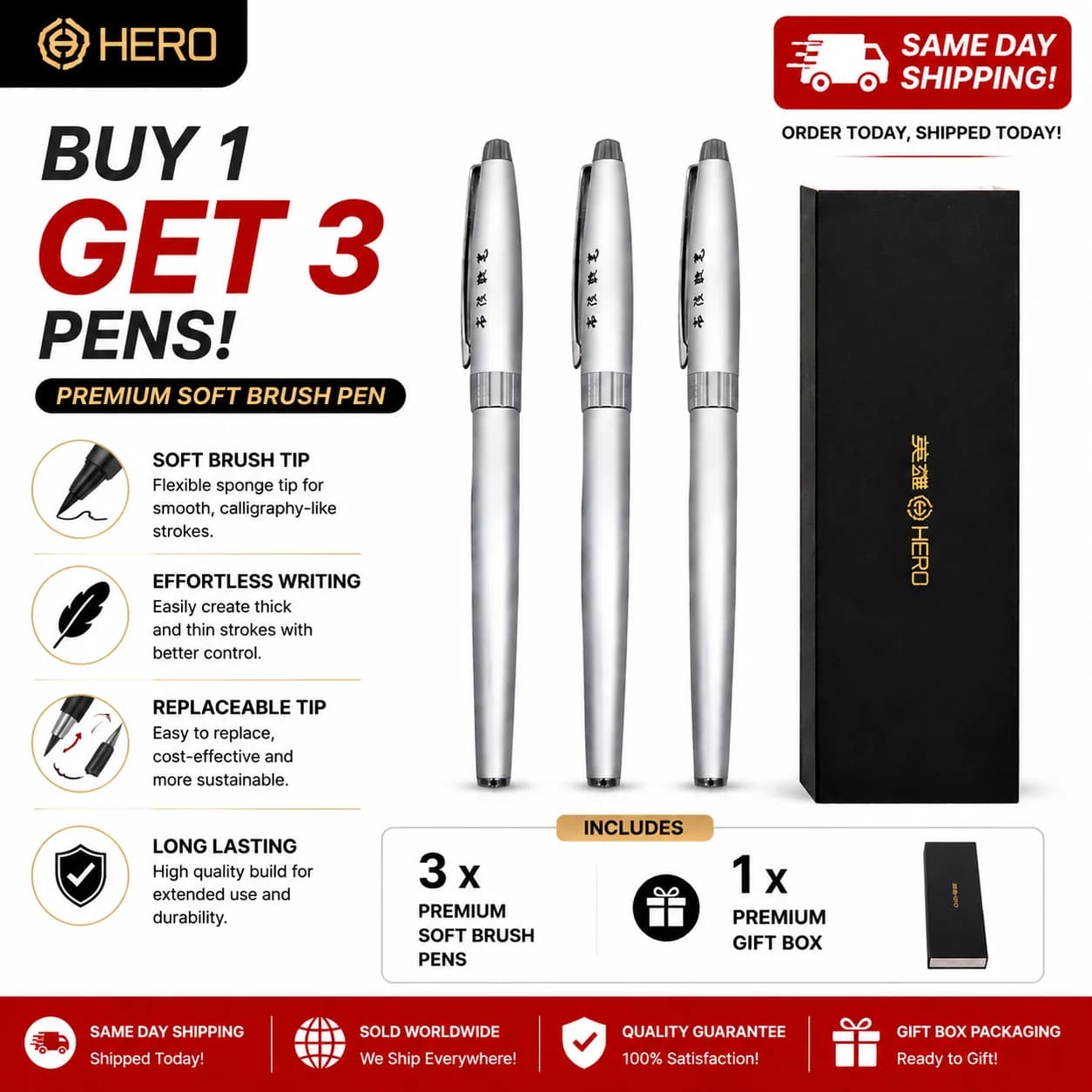Hero 1080 Soft Calligraphy Pen 3-Pack Value Set Refillable Ink Brush Pen for Chinese Calligraphy Writing Practice Signature Stat