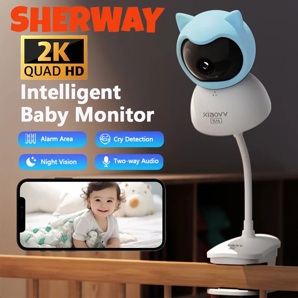 Monitor per Bambini WiFi 2K HD con Rilevamento del Pianto e Telecamera PTZ, Visione Notturna Audio, Avvisi di Movimento/Suono, Telecamera di Sicurezza con Supporto