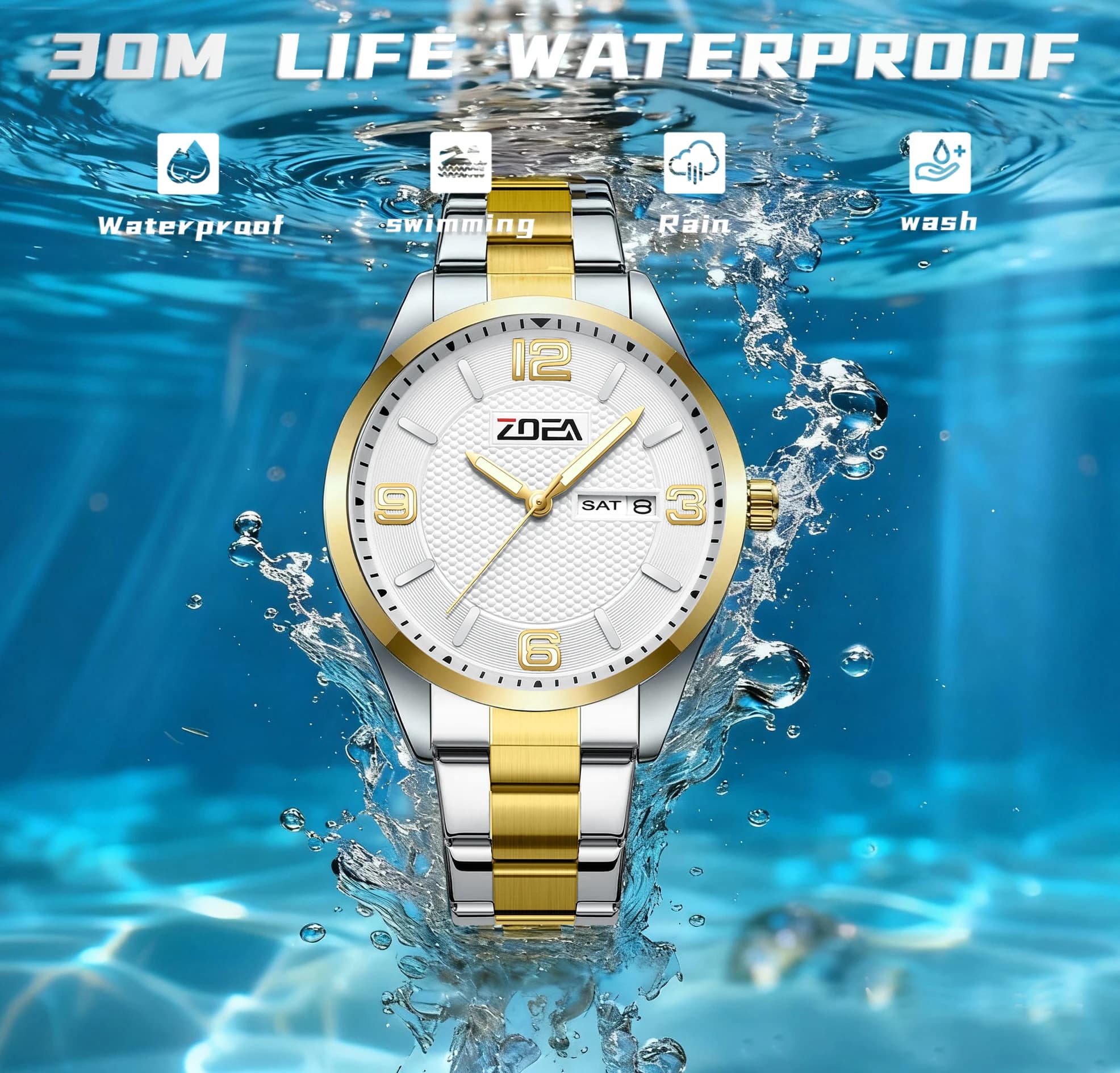 ZOEA ESB1192 Orologio Casual da Uomo con Cinturino in Acciaio, Display Settimana e Calendario, Impermeabile 30M, Perfetto per Feste in Spiaggia, Regalo Ideale per