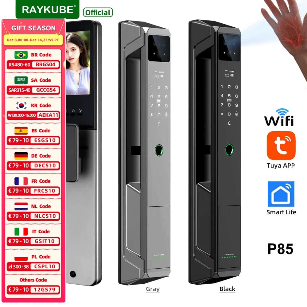RAYKUBE 21 lingue Voice Tuya WiFi Camera Palm Vein Smart Fingerprint Lock Riconoscimento facciale Blocco digitale con videochiamata P85