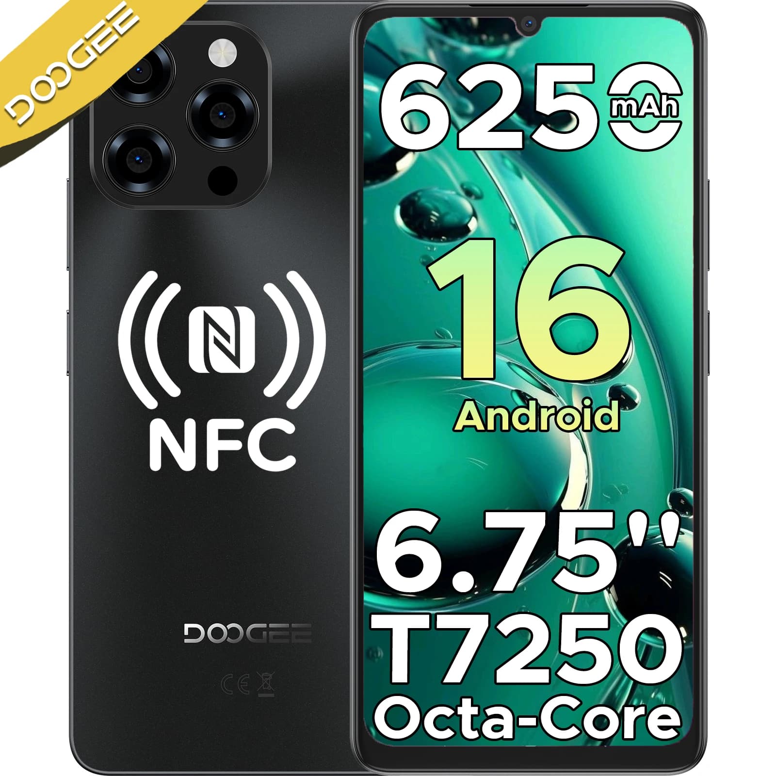 Smartphone DOOGEE Note58 Pro, display IPS HD+ da 6,75 pollici a 90Hz, Android 16, 8GB di RAM + 256GB di ROM, batteria grande da 6250mAh, cellulare con NFC.