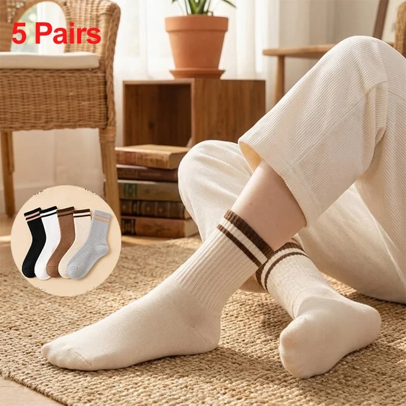 5 Pairs Women Retro Double Stripe Crew Socks Ribbed Knit Soft Cotton Breathable Solid Color Casual Daily Mid Calf Socks