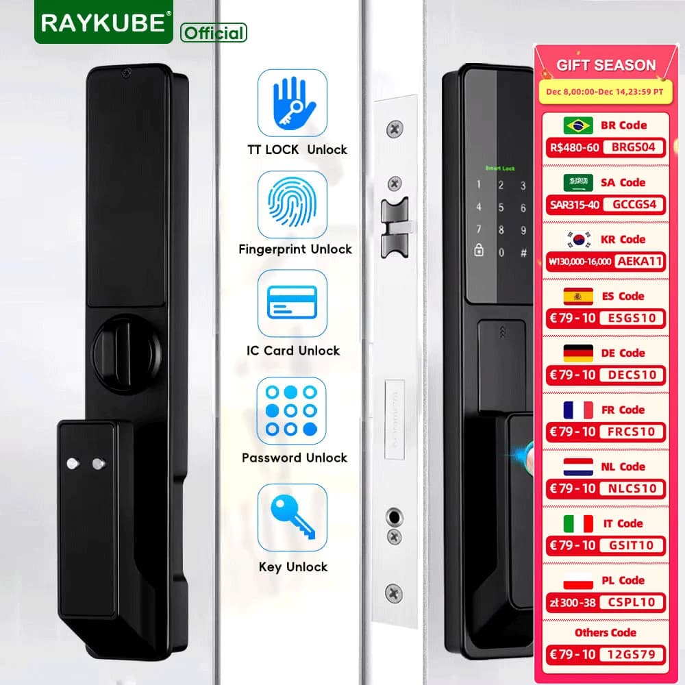 RAYKUBE AT1 TT Lock BLE Serratura intelligente per impronte digitali elettronica avanzata completamente automatica con APP TT Lock/NFC/scheda/password/sblocco chiave