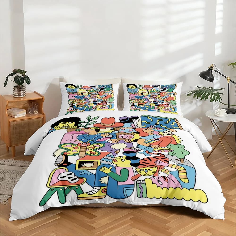 Set di biancheria da letto con stampa digitale ad alta definizione, set copripiumino con motivo a personaggi dei cartoni animati, set copripiumino con motivo stampato di grandi dimensioni, include 1 copripiumino + 2 federe, adatto per camera da letto, camera degli ospiti, decorazioni per la casa, set copripiumino + federa in fibra di poliestere, set da tre pezzi, biancheria da letto ultra morbida, tessuto spesso, adatto a tutte le stagioni, lavabile in lavatrice, 3 pezzi