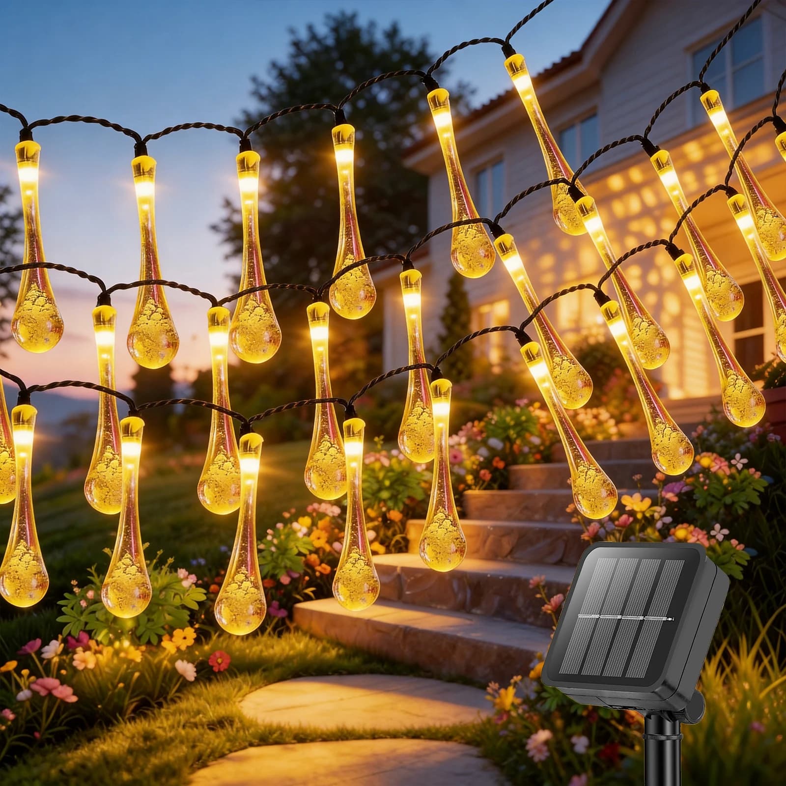 Luci Solari a Goccia d'Acqua 50/20 LED, Luci a Stringa a Goccia Resistenti all'Acqua per Esterni, per Natale, Matrimoni, Feste, Compleanni, Piscina, Campeggio