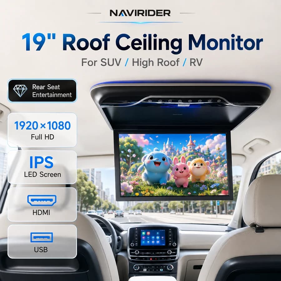 Monitor da Tetto Universale Ribaltabile da 19 Pollici per Auto, Schermo TV da Soffitto, Lettore Multimediale MP5 con HDMI, USB, FM e Riproduzione Musicale