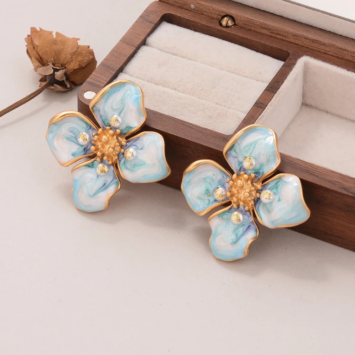 Enamel Flower Stud Earrings for Women - Vintage Gold Tone, Blue & White Petals with Pearl & Rhinestone Accents - Fashion Jewelry