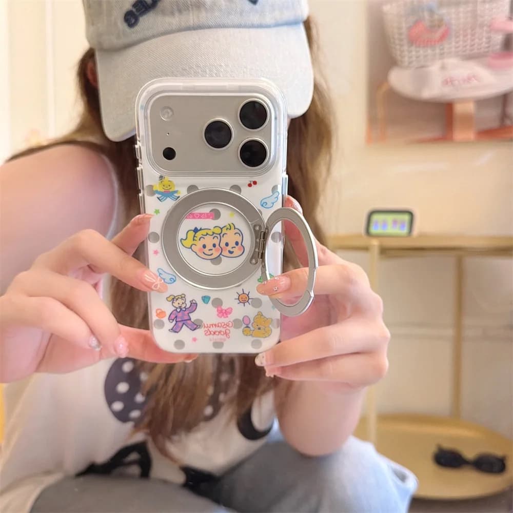 Kawaii Cartoon Boy Girl Magnet with 360 Rotate Stand Phone Case for iPhone 13 14 15 Pro 16 17 16 Pro 17 Pro Max Cover Cute Case