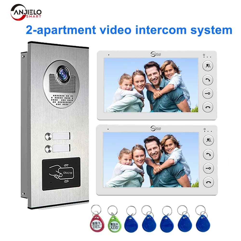 ANJIELO Videocitofono per Appartamenti a 2 Famiglie con Sblocco Tramite Scheda RFID, Sistema Videocitofonico a 4 Fili con Schermo da 7 Pollici