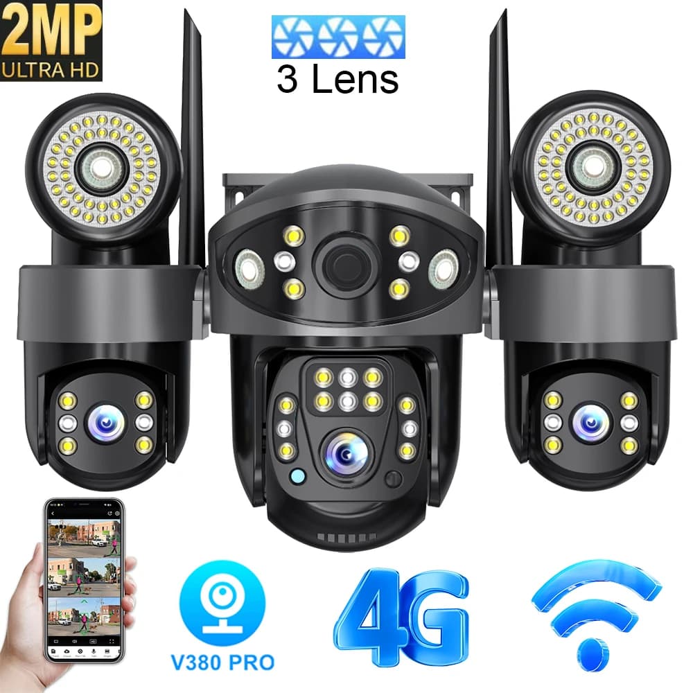 Telecamera di Sicurezza 4G a 3 Lenti 2MP, Telecamera IP WiFi con Visione Notturna a Colori, Luce LED a Infrarossi, Allarme Automatico, Impermeabile per Esterni