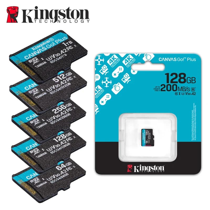 Kingston Scheda Micro SD 64 GB 128 GB 256 GB 512 GB Canvas Go Plus Scheda di memoria V30 U3 Scheda Flash Leggi fino a 200 MB/s Scheda TF per il telefono