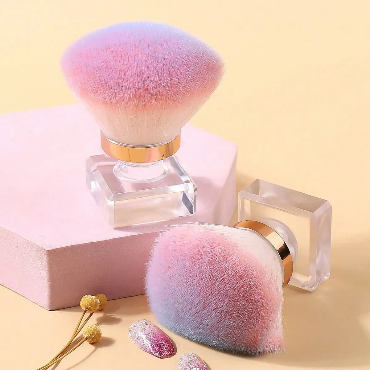 1 pc brush for nail powder with pink foamed mushroom head with plastic box PP brush for cleaning brush for easy makeup for nail art