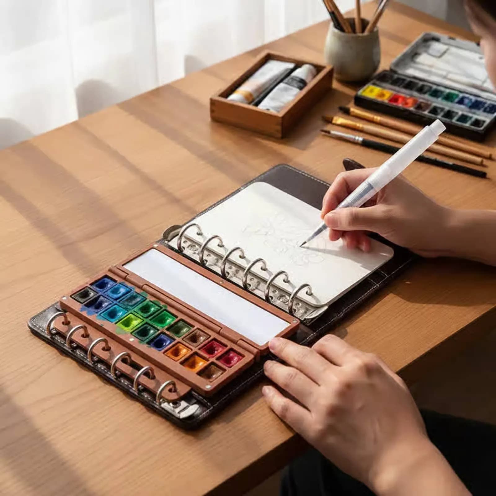 Travel Watercolor Sketchbook Set Portable Journal Kit with Paint Brushes Palette Gift Box for Artists Beginners Adults Kids Art