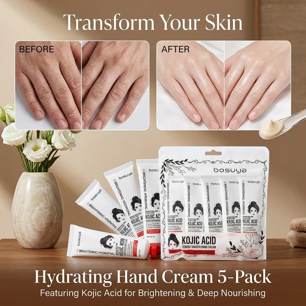 Confezione da Cinque Creme per Mani all'Acido Kojico, Idratanti, Nutrienti e Illuminanti, Prodotti per la Cura della Pelle delle Mani