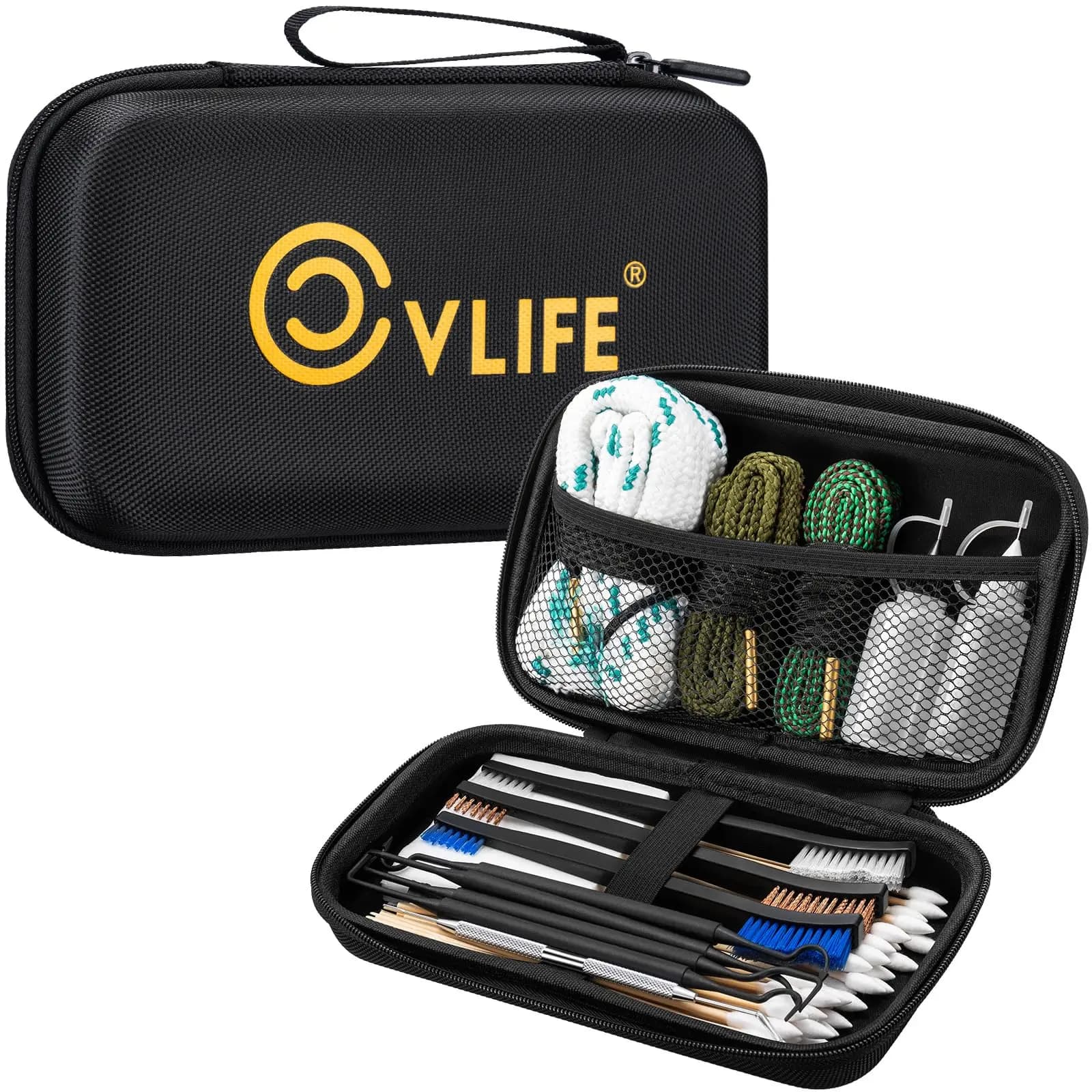 Kit di Pulizia per Armi CVLIFE per 9mm/.22/.223/5.56mm/12GA/.38/.357 - Detergente per Armi, Spazzole, Strumenti di Pulizia, 2 Flaconi Vuoti per Olio, Panno
