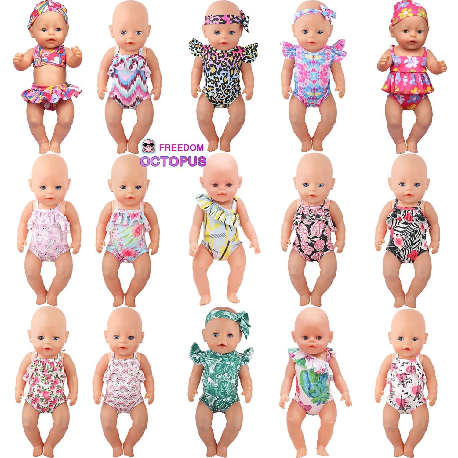 43 cm vestiti per bambole appena nate costume da bagno fiori, arcobaleno, accessori per costumi da bagno animali per bambole americane e OG da 18 pollici