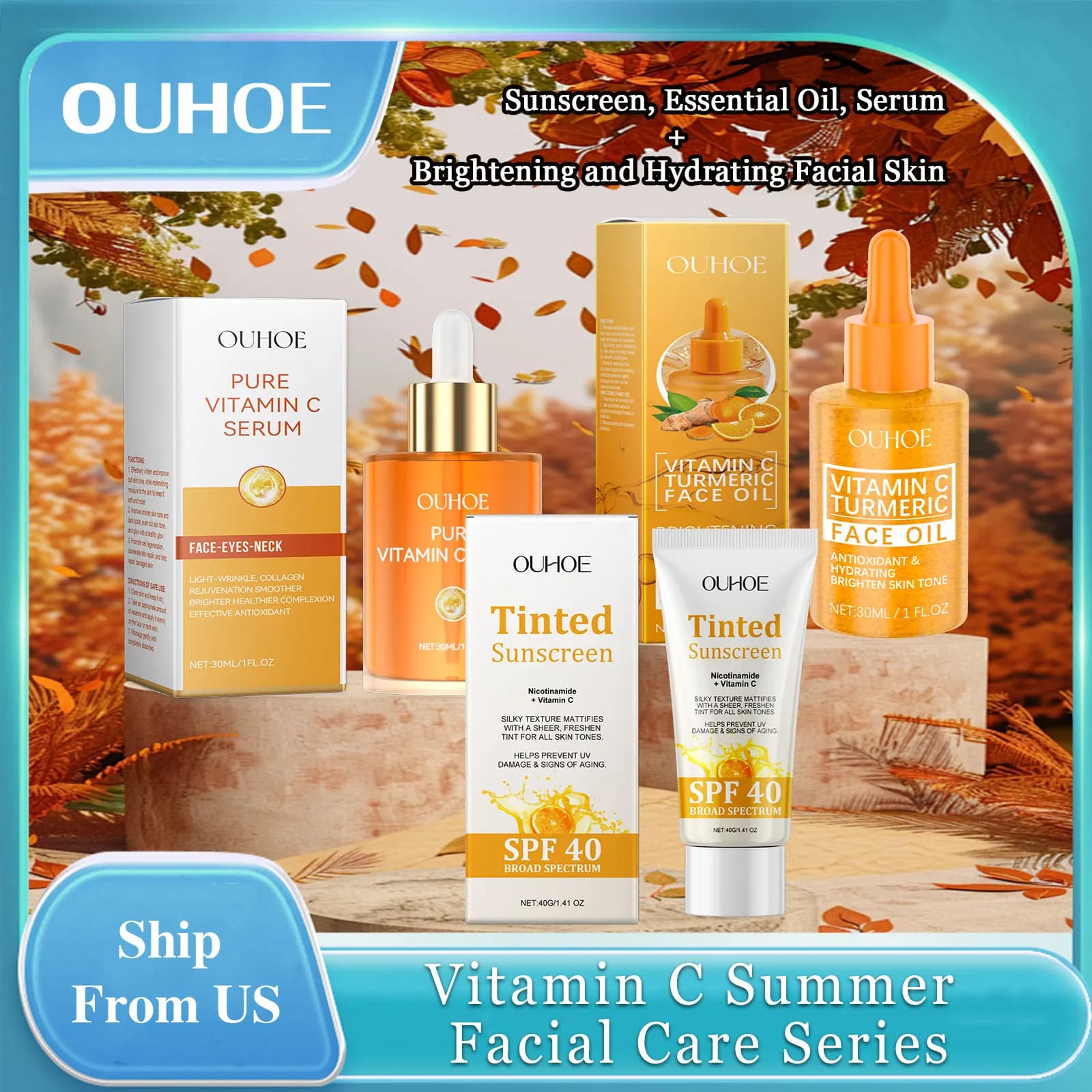 Ouhoe Vitamin C Series for summer facial care External sunscreen Spf40 Solar UV protection Light face remove dark spots Solid serum