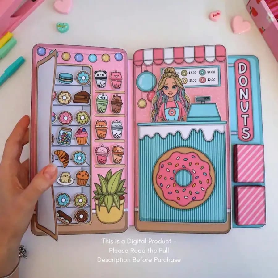 Donut Shop Pretend Play Kit, DIY Paper Doll House Sticker Book, Kids Quiet Book Craft Set, Cut & Make Handmade Toy