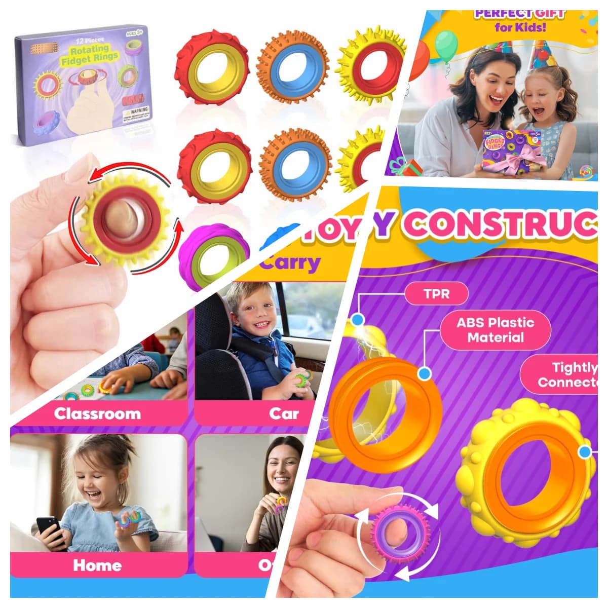 Anelli Sensoriali Testurizzati (Confezione da 12) – Giocattoli Girevoli da Dito per Bambini, Divertenti Fidget Calmanti per Studenti e Idee Regalo