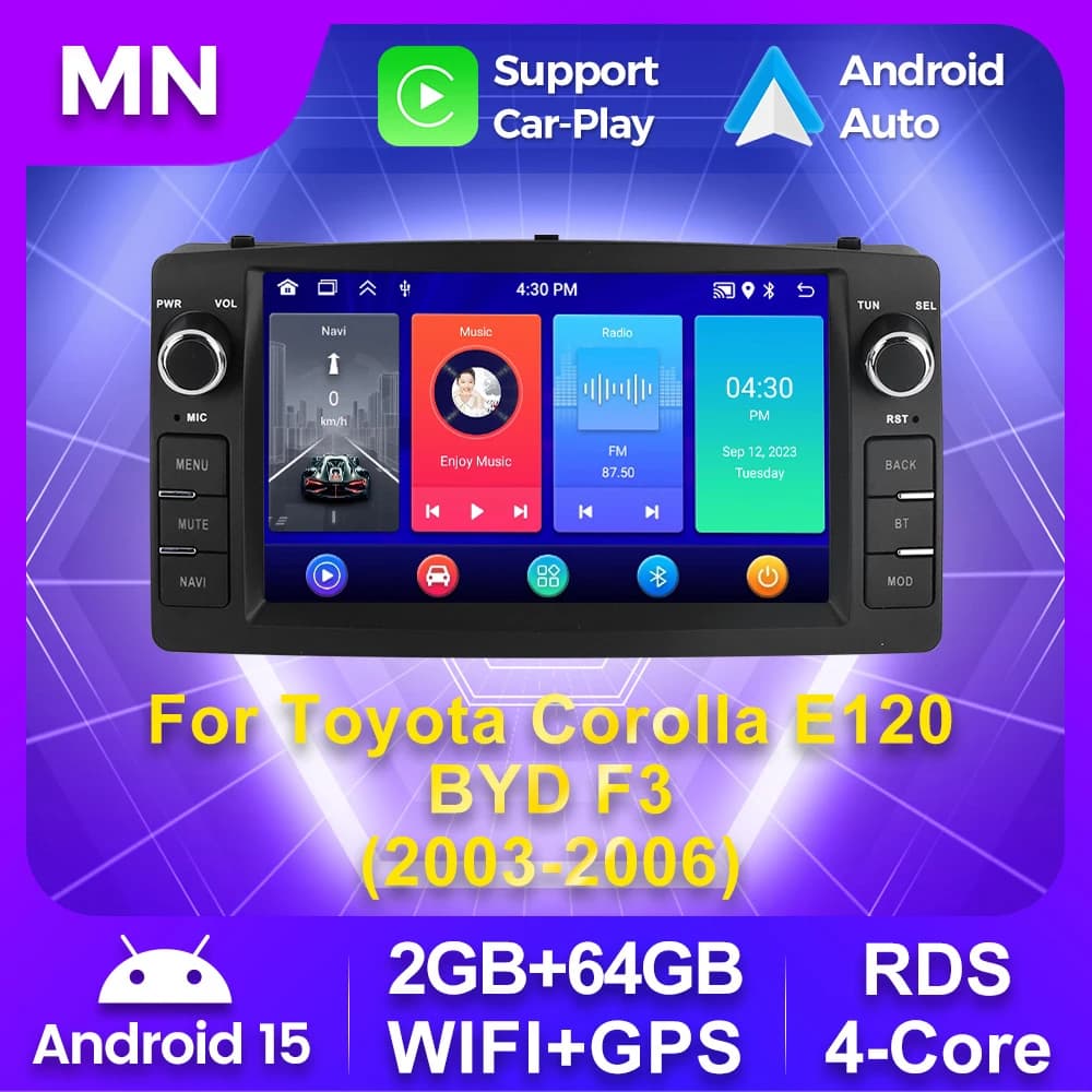 Autoradio Android 15 GPS RDS Stereo per Toyota Corolla E120 2003-2011, Lettore Multimediale Video, Carplay Wireless, WIFI, Touch Screen