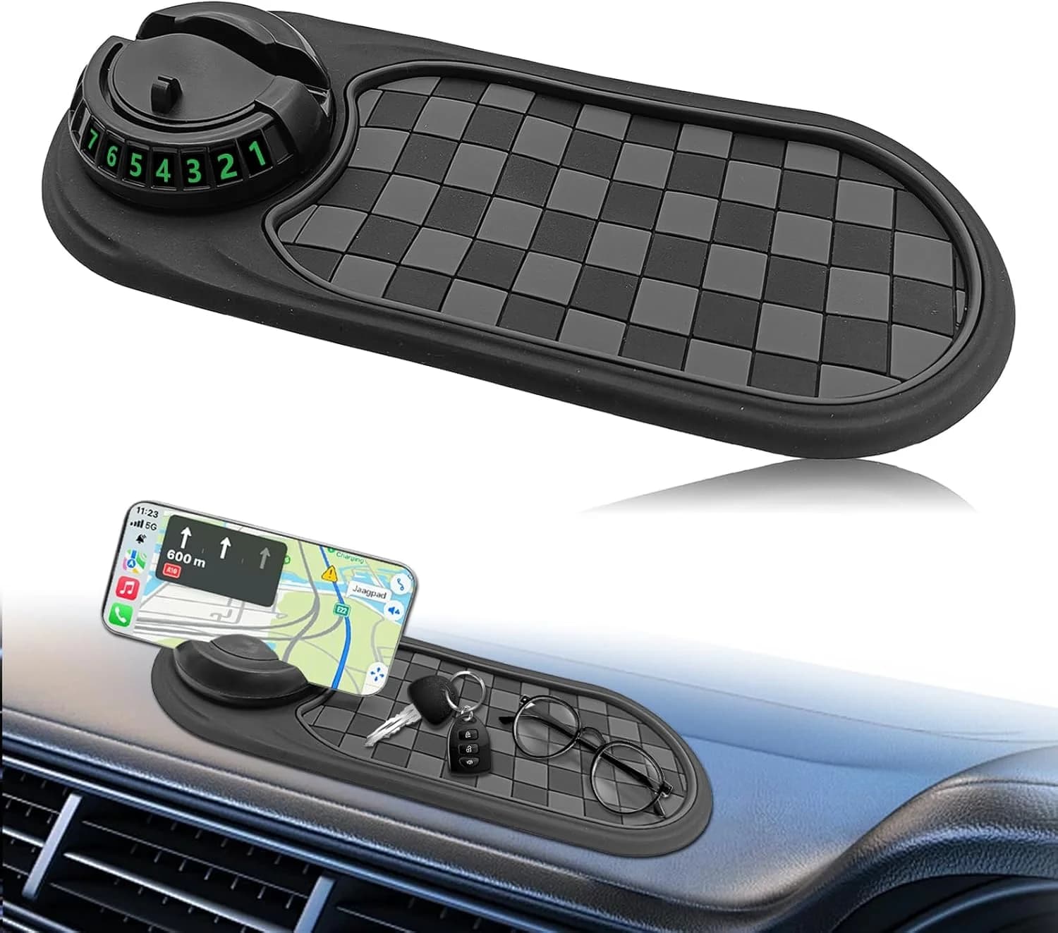 Tappetino Universale Multifunzione Antiscivolo per Cruscotto Auto, Supporto Girevole per Telefono con Numero di Parcheggio Temporaneo